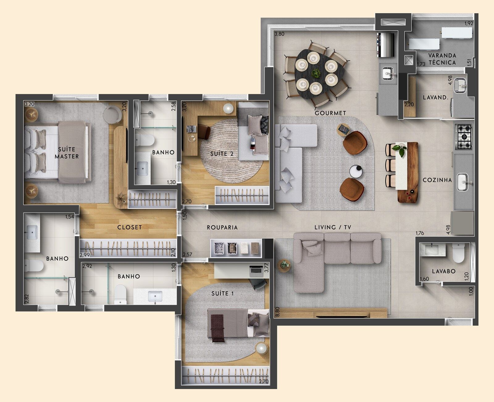Planta de 118 m² com 3 suítes e cozinha americana, na configuração do decorado