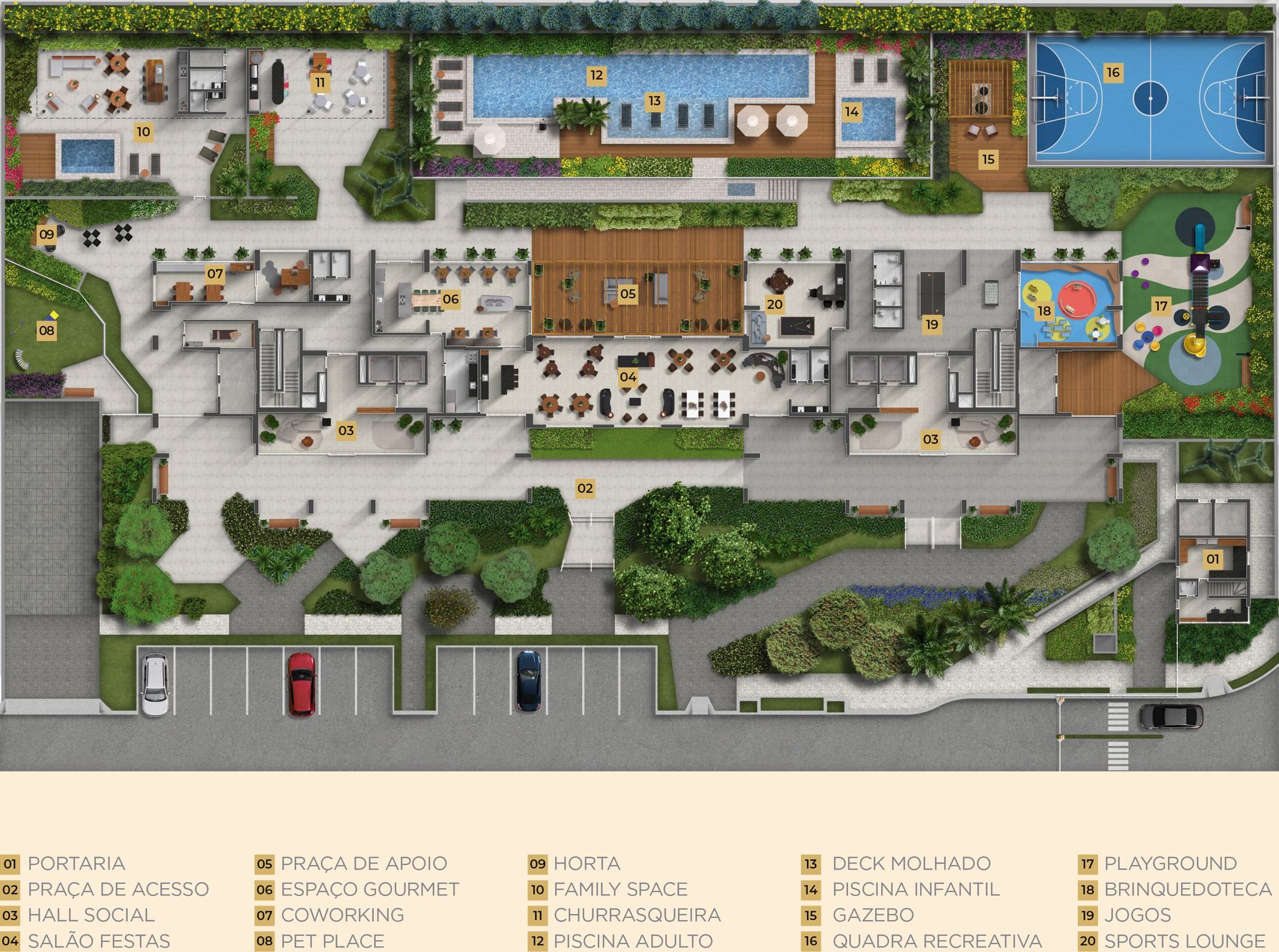 Pavimento de lazer com piscinas, deck molhado, quadra recreativa e playground