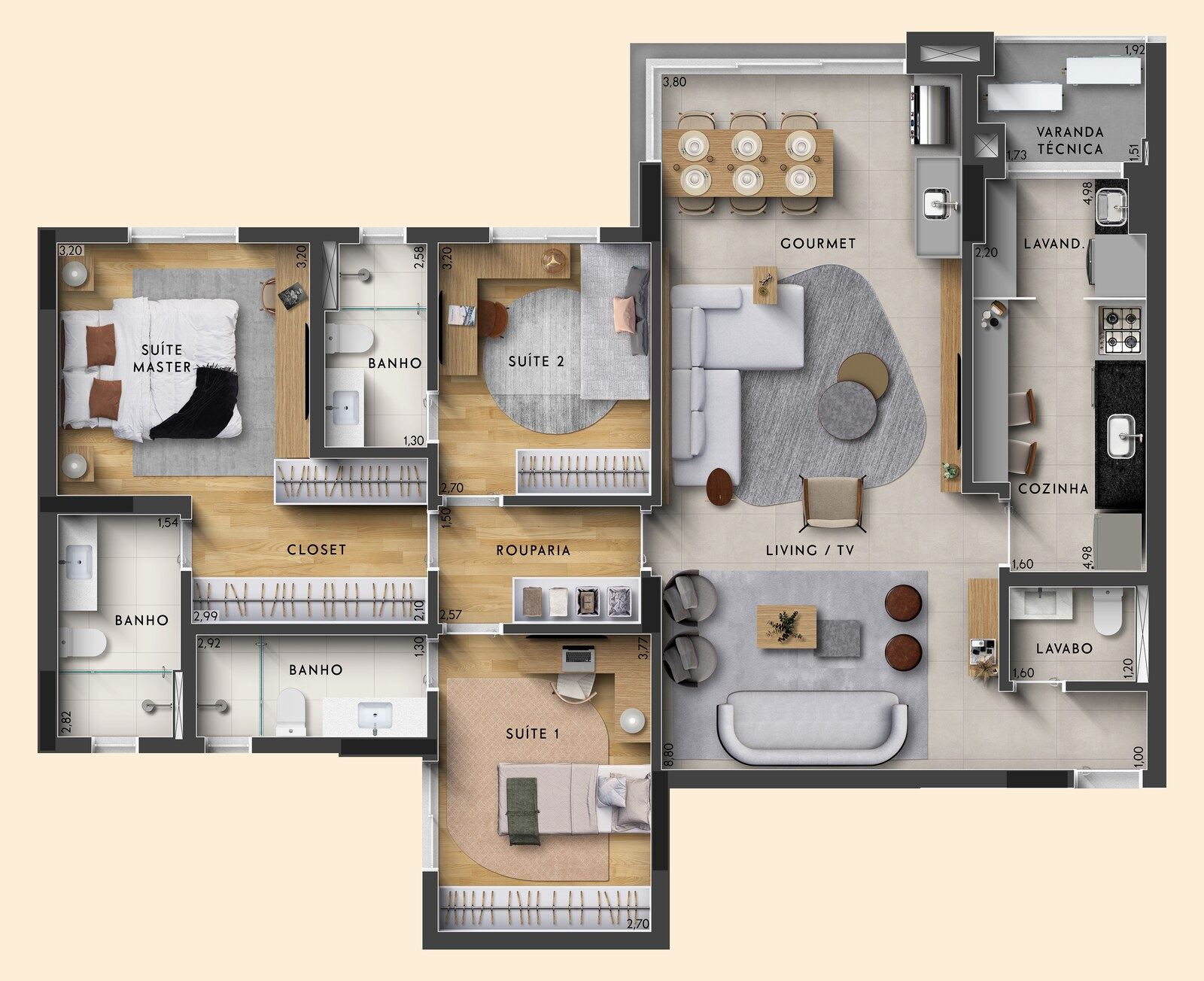 Planta opção de 118 m² com 3 suítes